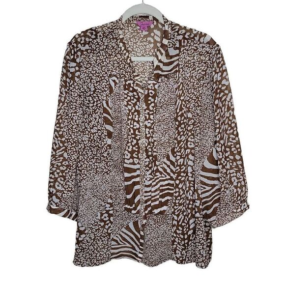 Fucsia Animal Print Long Sleeve Blouse and Shell Set Brown White 2X - Picture 1 of 13